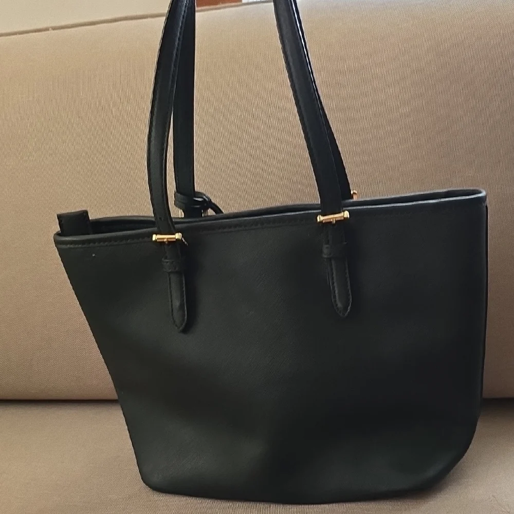 Michael Kors Jet Set Black Medium Saffiano Leather Tote with Gold Accents